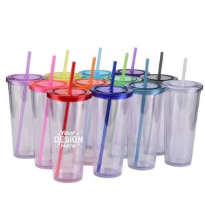 Double Wall Plastic Straw Cup with Lid
