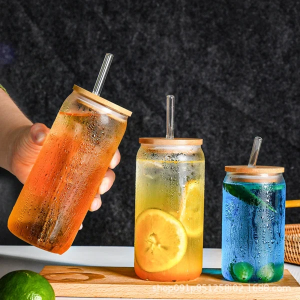 Straw Glass Cup with Bamboo Lids - Image 3