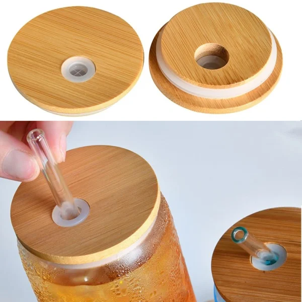 Straw Glass Cup with Bamboo Lids - Image 4