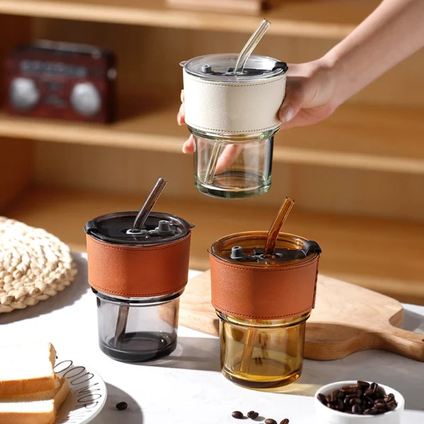 Glass Straw Cup with Leather Sleeve - Image 3