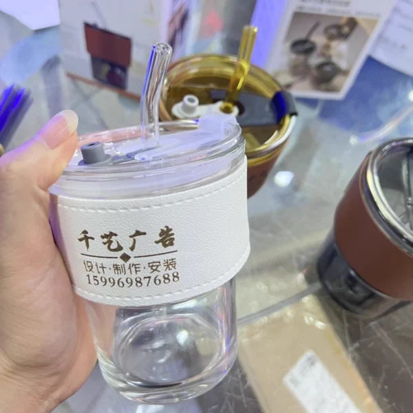 Glass Straw Cup with Leather Sleeve - Image 9